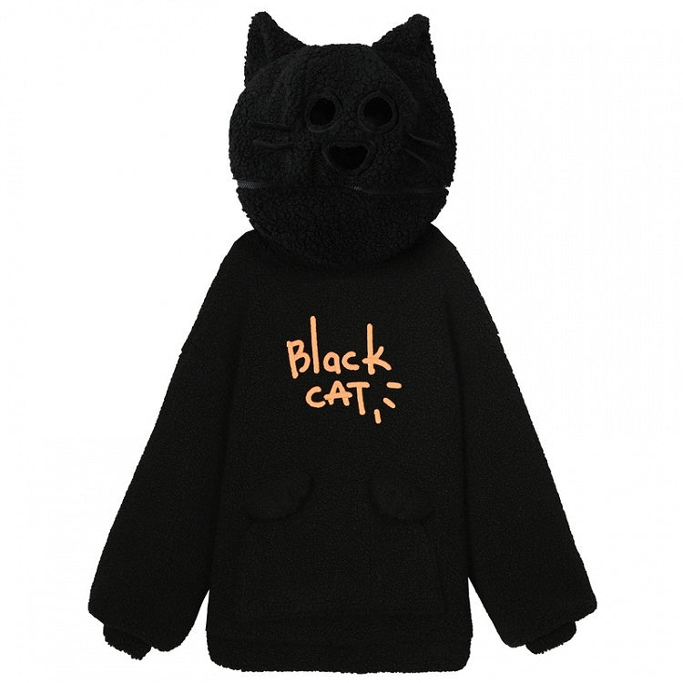 Schwarzer Fleece-Kapuzenpullover mit Katzenkopf
