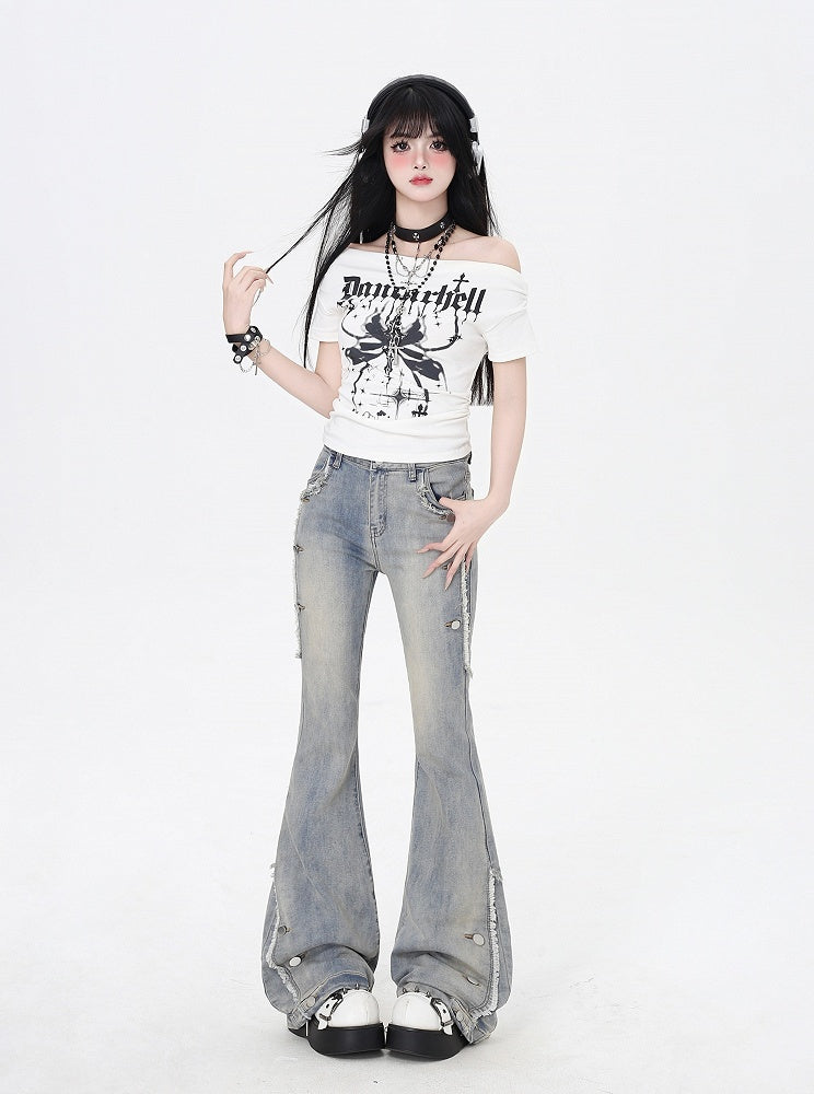 Raw Hem Vintage Flared Jeans Glamorous Blue