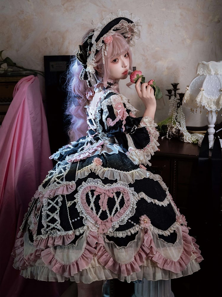 Black Hanayome Rosette Embroidery Floral and Bead Chain Lolita OP Full Set
