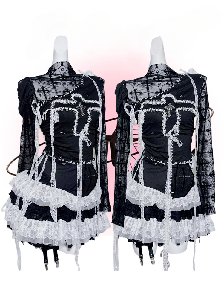 Gothic Black Illusion Neckline Contrast Lace Trim Cross Pin Top