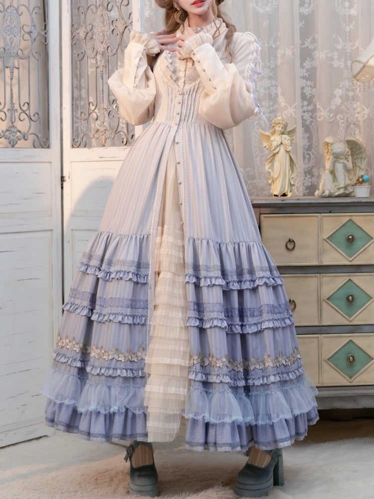 ユリの刺繍アップリケレイヤードヘムブルークラシックロリータドレスフロントボタンプラケット