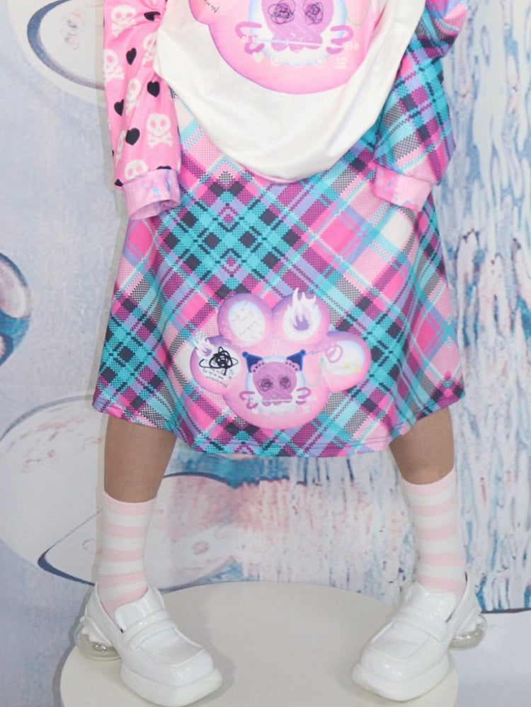 Skirt Cat Claw Pattern Y2K Print GreenPink Plaid