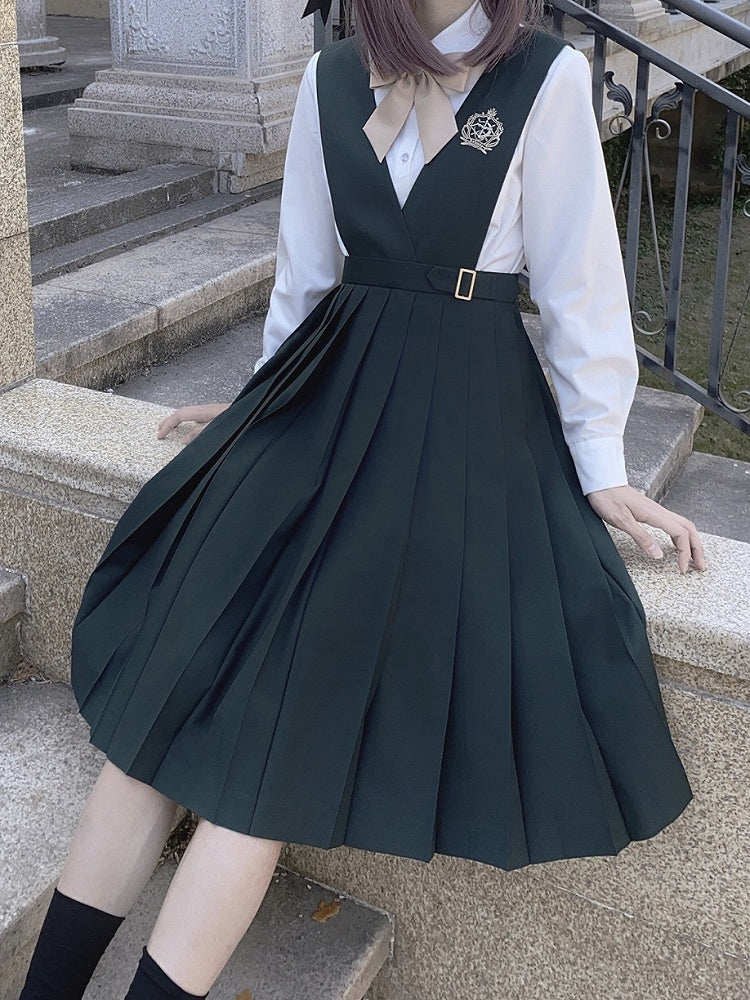 Green Belt with Embroidery 65 Preppy Overalls Box Pleat Skirt / and 70cm Dark