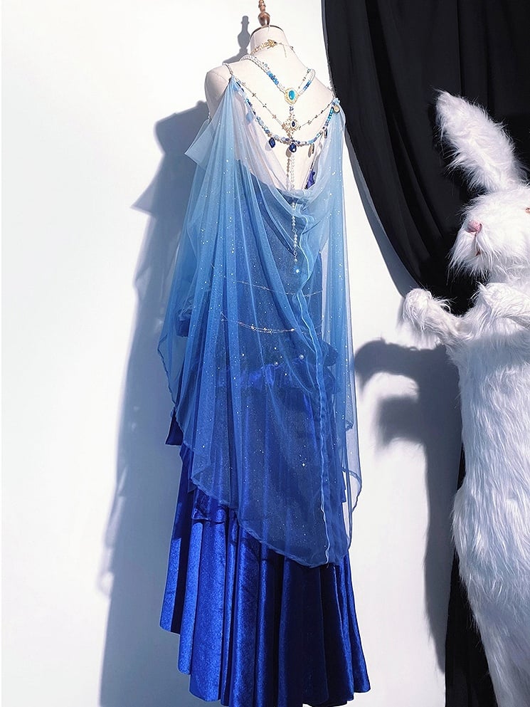 ディープシーブルーベルベットマーメイドスカートバックレスセイレンプロムドレスイブニングガウンBE001