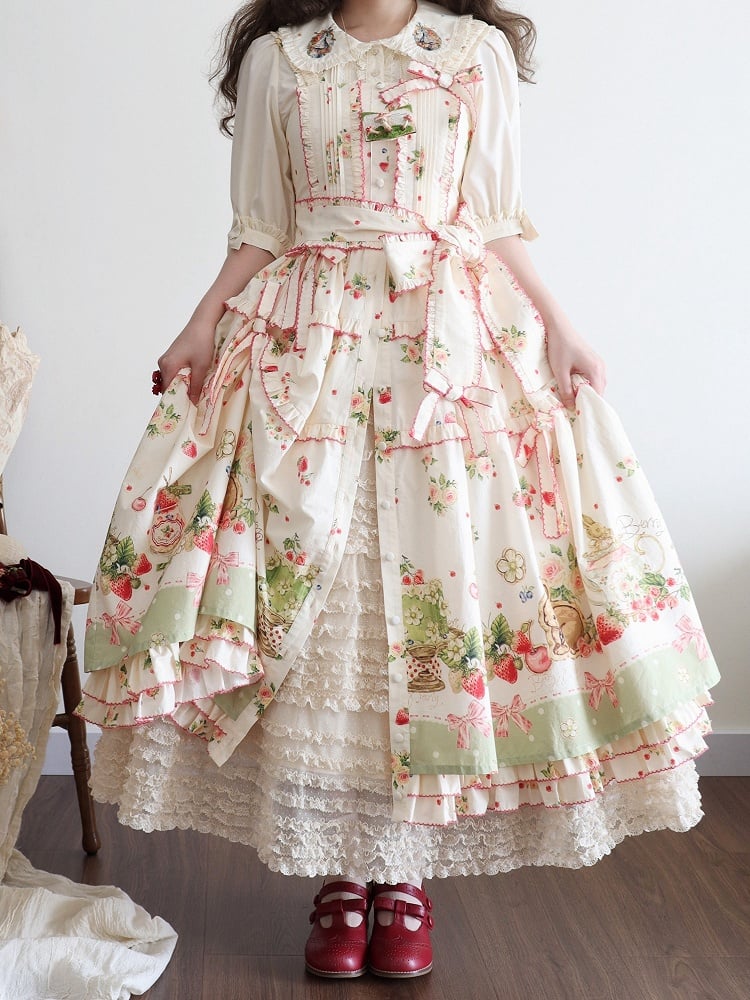 Bunny Lolita Green Dress Print Hemline Fashion House Pink Floral and