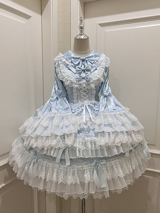Bell Skirt Bows Tiered Ruffle Lolita Decorated Dress Blue Sleeves Long