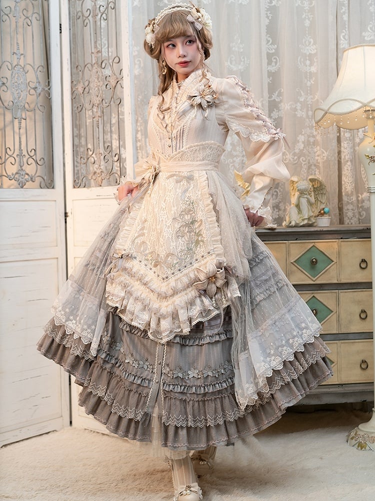 ユリの刺繍アップリケレイヤードヘムグレークラシックロリータドレスフロントボタンプラケット