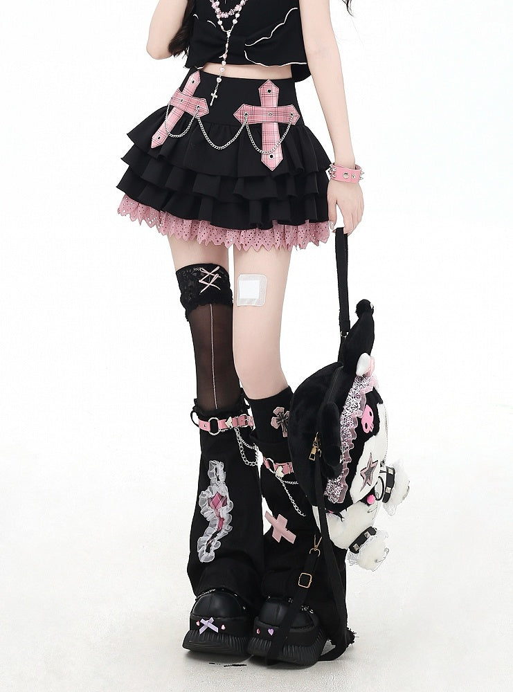 Pink/Red Plaid Cross Appliques Lace Trim Tiered Skirt Chains Decorated