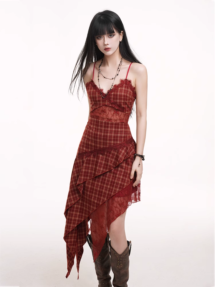 Handkerchief Hem Cutout Midriff Cami Dress Red Plaid V-neck