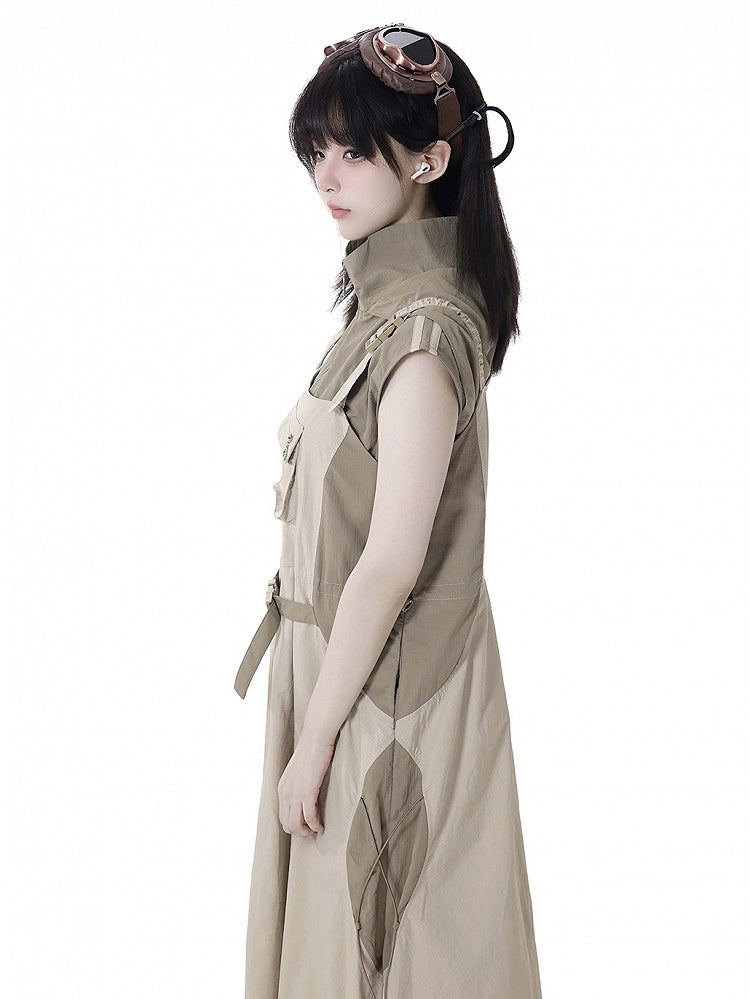 and Techwear Overall Bubble Skirt Details Khaki Snap Drawstring