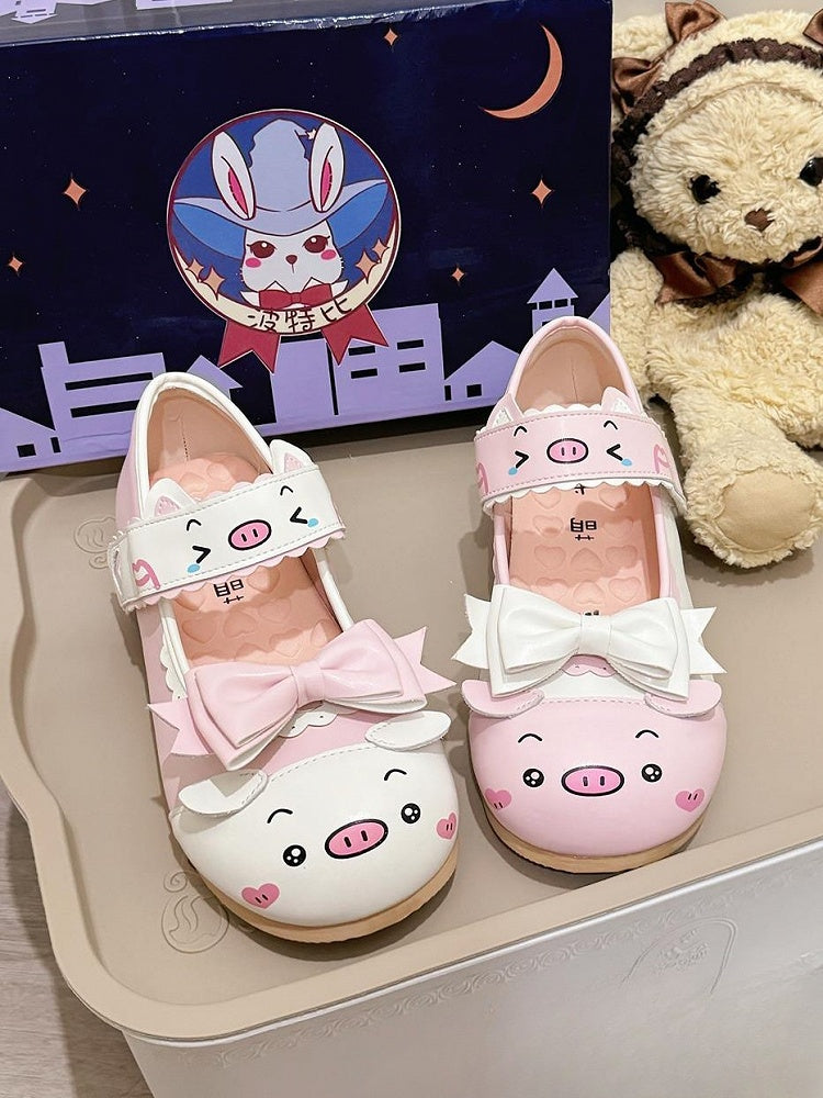 Pink Themed Piggy Detachable Bow White with Flats PU Cute