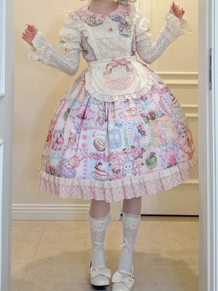 Bunny Embroidery Collar Cottagecore Patchwork Sweet Lolita Dress with Detachable Sleeves