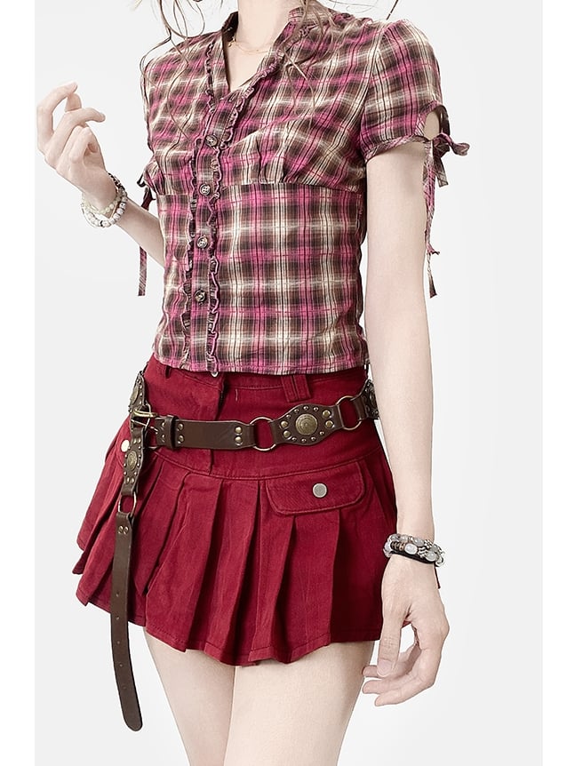 Plaid Sleeves Ruffles Trim Pattern Shirt V-neck Y2K Short RedBrown
