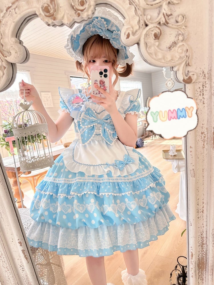with Sleeves Apron Square Blue Polka Short Dress Lolita White Neckline Dots