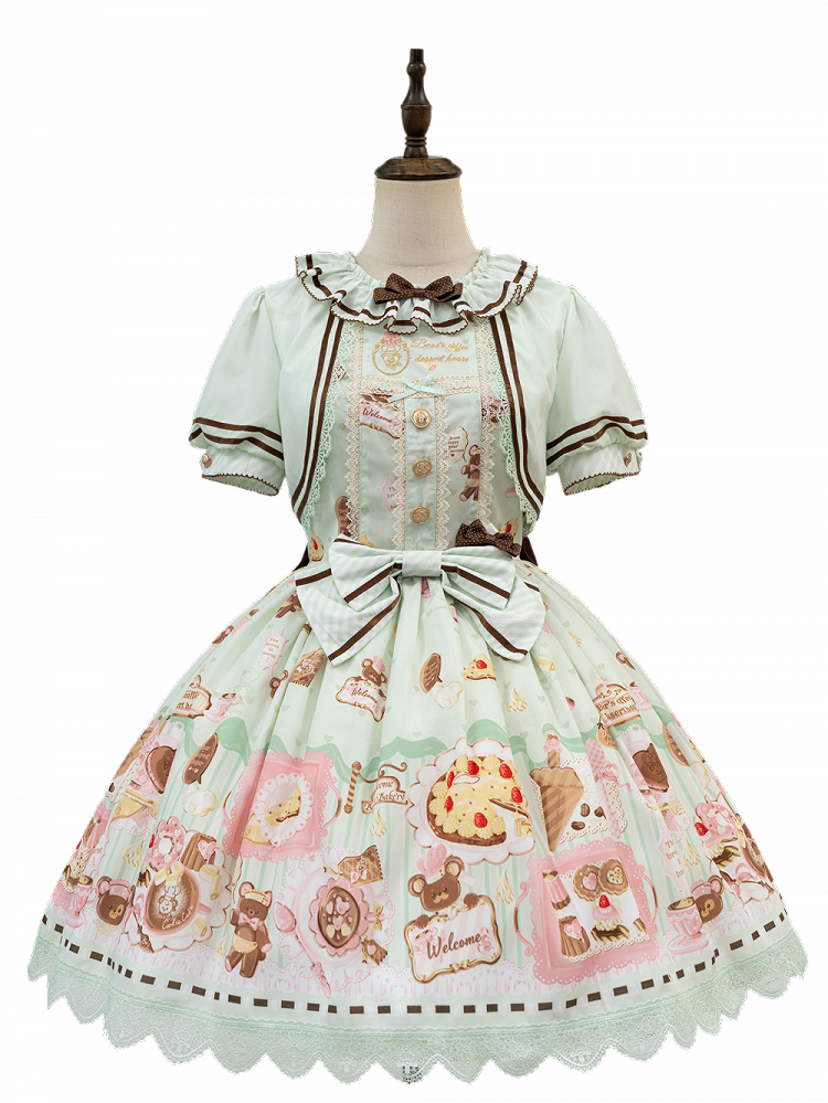 Green Sweet Mint Lolita Theme Desserts Two-pieces Print Dress Fake Design Bear