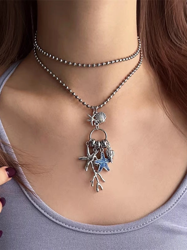 And Starfish Conch Pendant Y2K Necklace Bittersweet Coral Blue