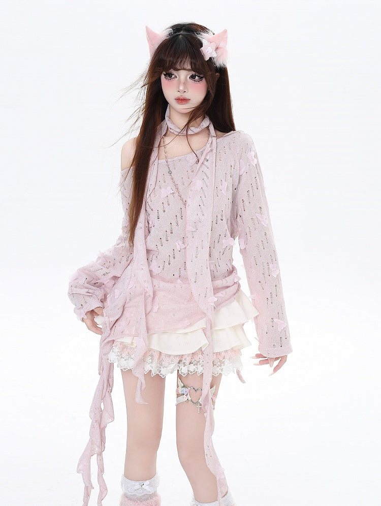 Free Cherry Blossom Pink Asymmetrical Hem Butterfly Coverup Scarf with Accents