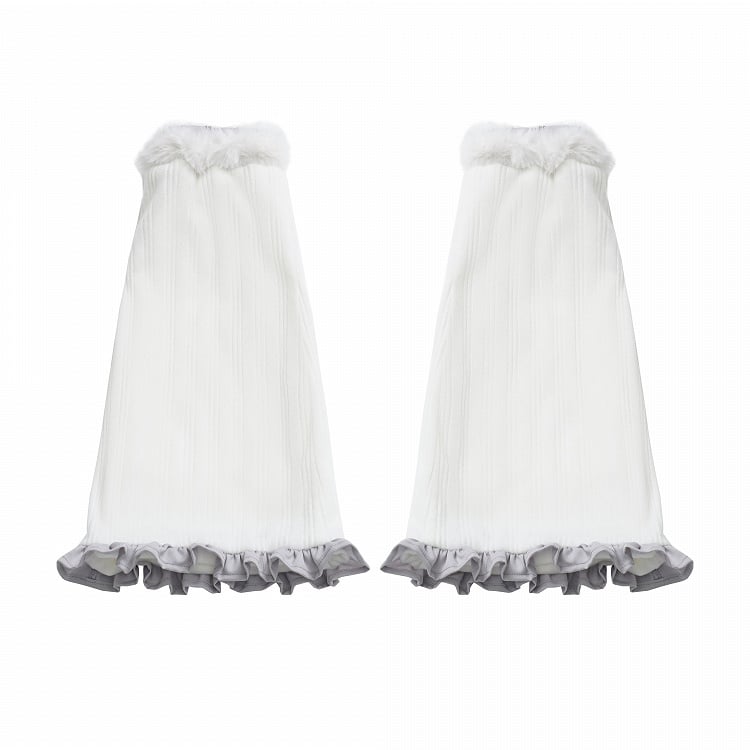 White Plush Leg Warmers with Gray Ruffle Trim
