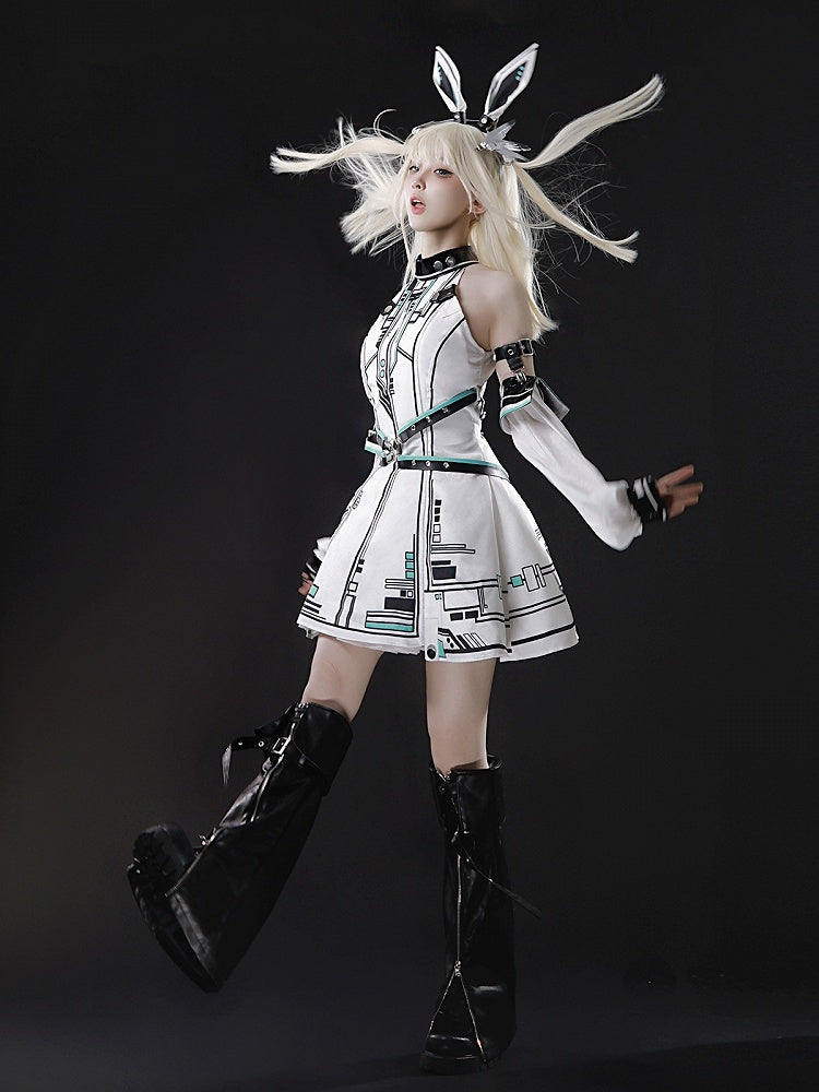 Bunny Sleeves KC Dress Techwear Halter Neck Urban Cyberpunk White + Ears