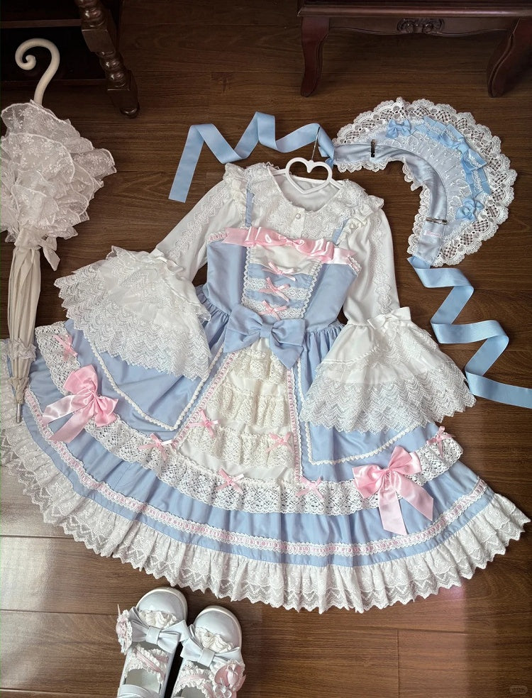 Lace Tiered Trim Sweet Lolita Dress Pink Bowknots Blue JSK