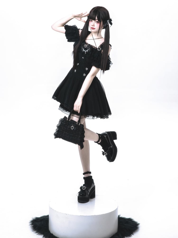 Trim Skirt Buttons Lace Sweetheart with Jirai Kei Black High Waist