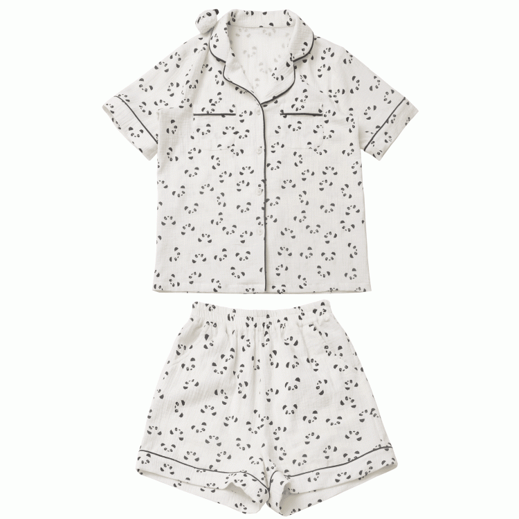 Collar + Allover Panda Print Shirt Shorts Beige Elastic Waist Edge Pajamas Set Scalloped