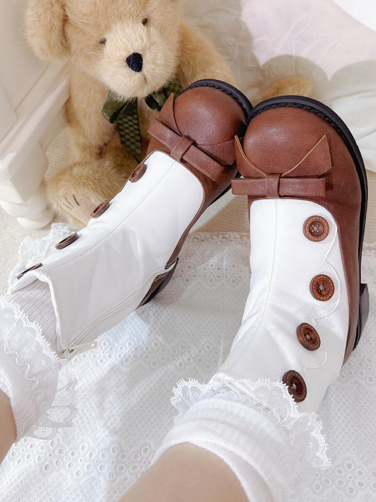 Decorative White Heel Design Lolita Classic Mid with Boots- Brown Buttons