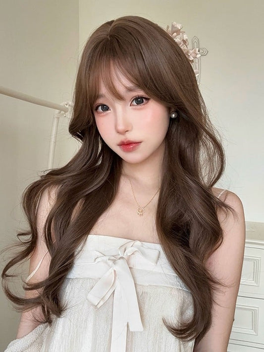 Gewellte 71CM braune Air-Perücke mit Pony und Länge