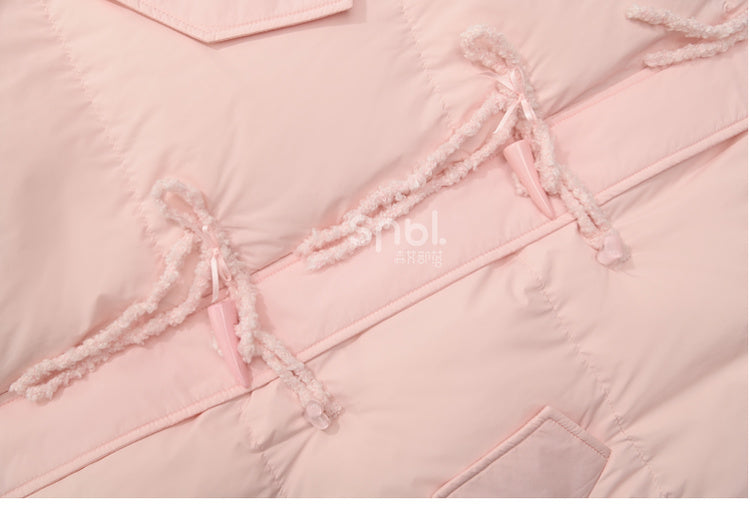 Pink Hooded Down Bowknot Horn Shaped Button Coat