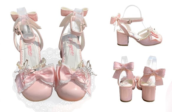 Pink Lolita Süße Silber Schleife Heels Block an Schuhe Verziert 6CM Top Butteffly Jane Mary