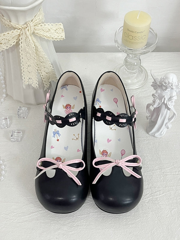 Perlenbesetzte runde Schuhe, schwarz, verzierte Spitze, geknotete Lolita-Schleife