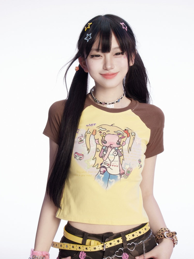 Y2K Gelbes Colorblock-Design T-Shirt mit Cartoon-Print, schmale Passform