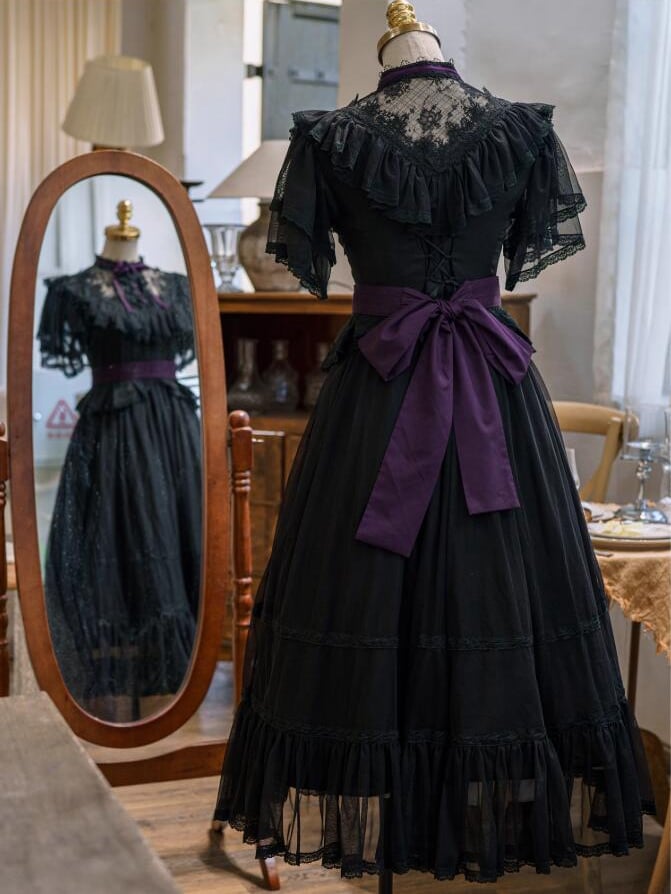 Lolita Butterfly Belt Black Dress Waist Elegant Classic with Sleeves Illusion Neckline Purple Edward