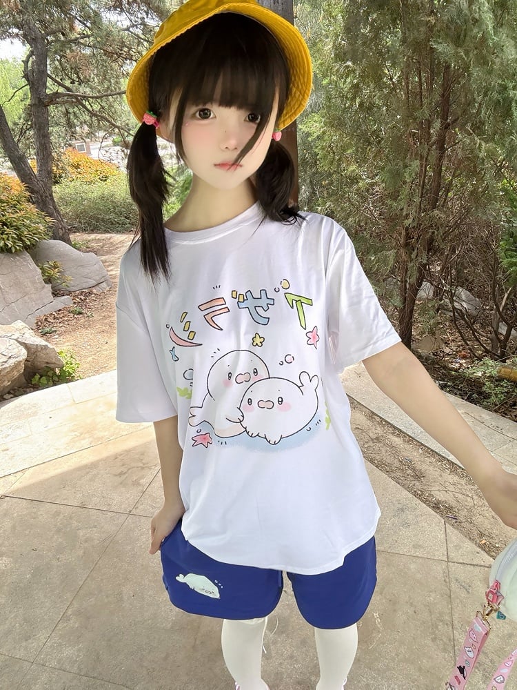 Print Shorts Drawstring Seal Blue Cute Navy Waist