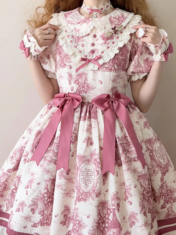 Peter Lolita Pink Dress Sleeves Short Print Grapes Collar Pan