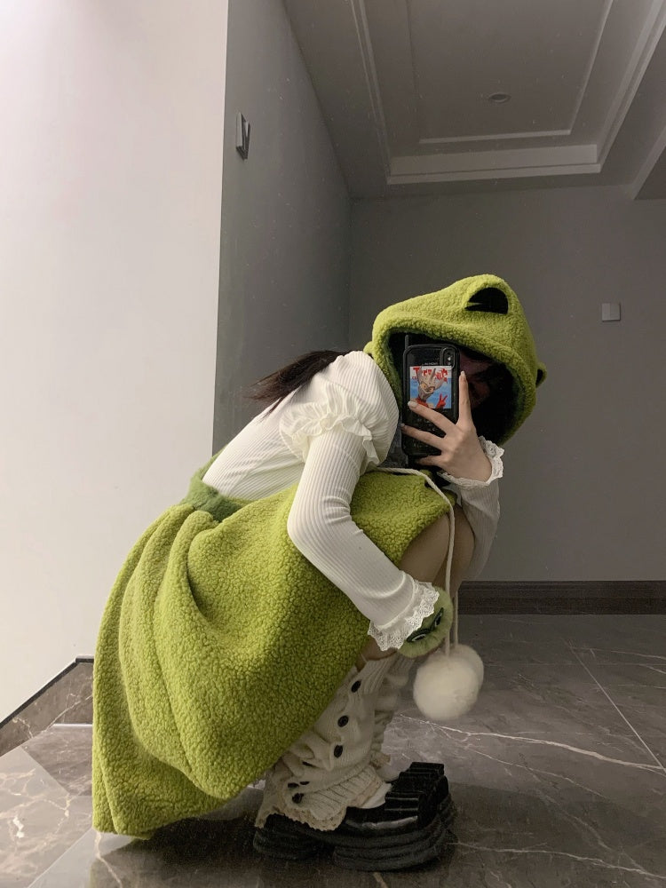 Little Frog Green Bubble Skirt Fleece Winter Overall Dress