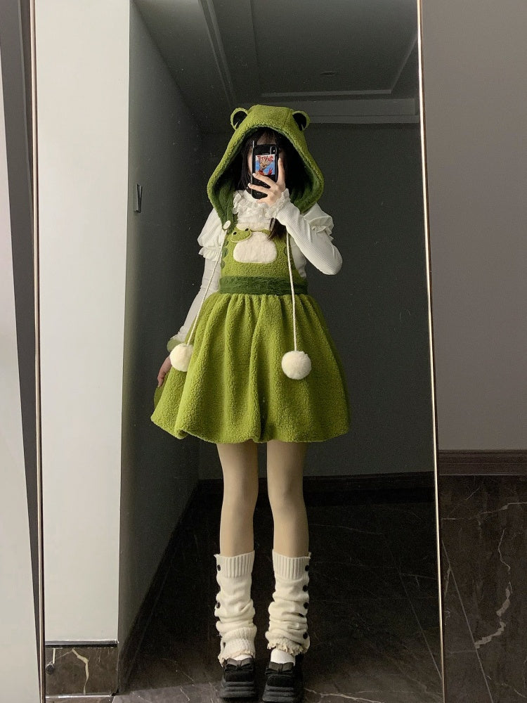 Little Frog Green Bubble Skirt Fleece Winter Overall Dress