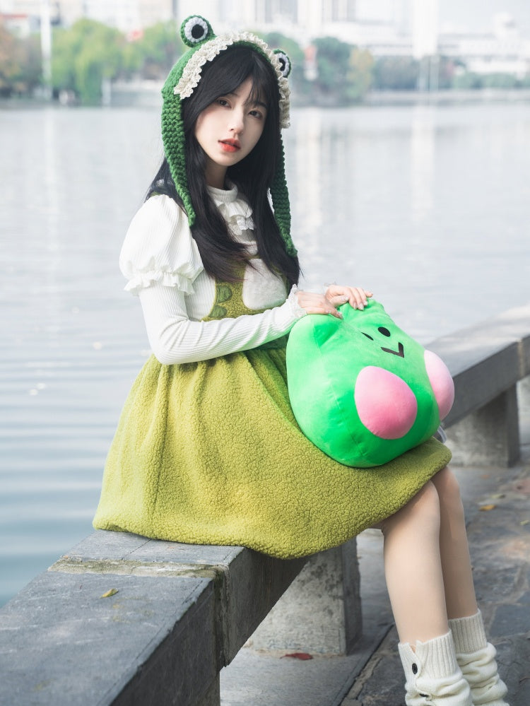 Little Frog Green Bubble Skirt Fleece Winter Overall Dress