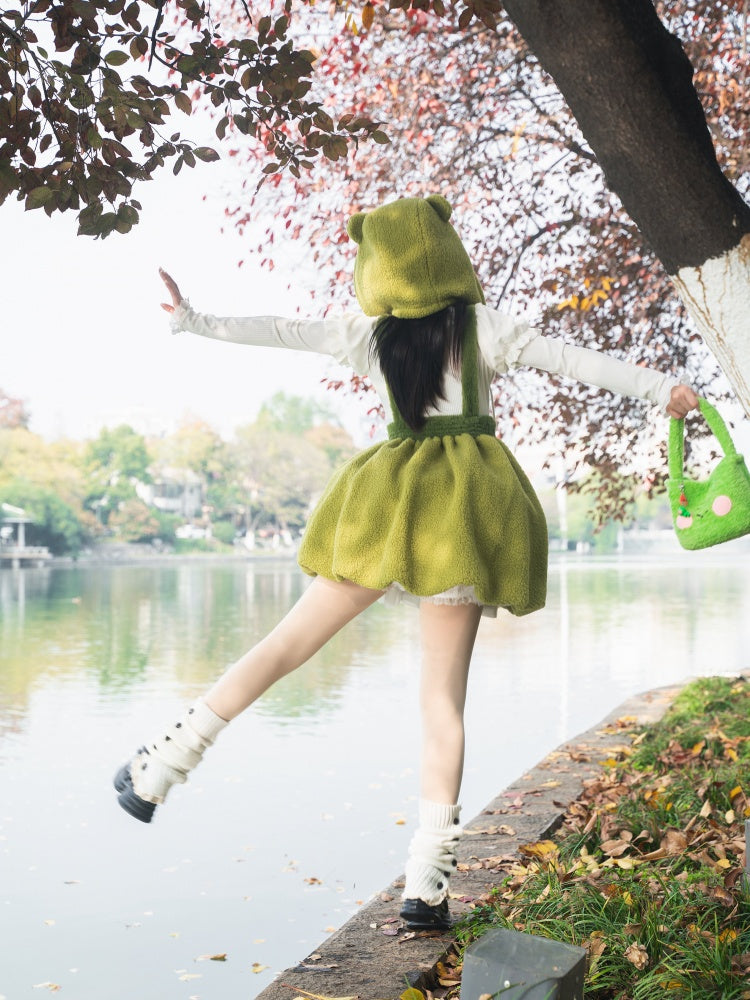 Little Frog Green Bubble Skirt Fleece Winter Overall Dress