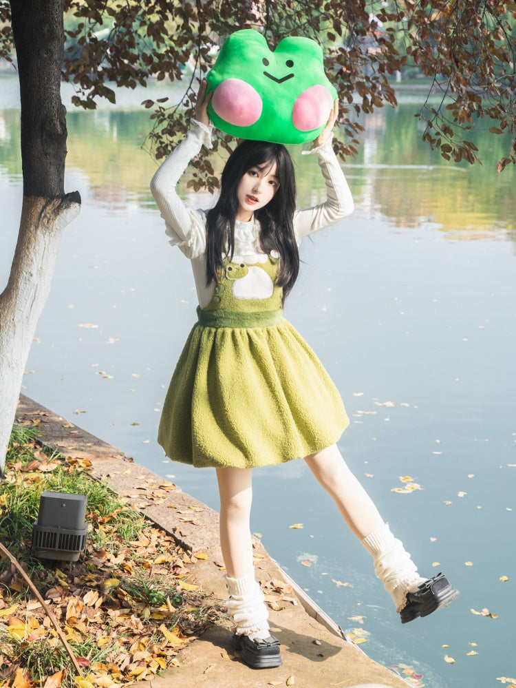 Little Frog Green Bubble Skirt Fleece Winter Overall Dress