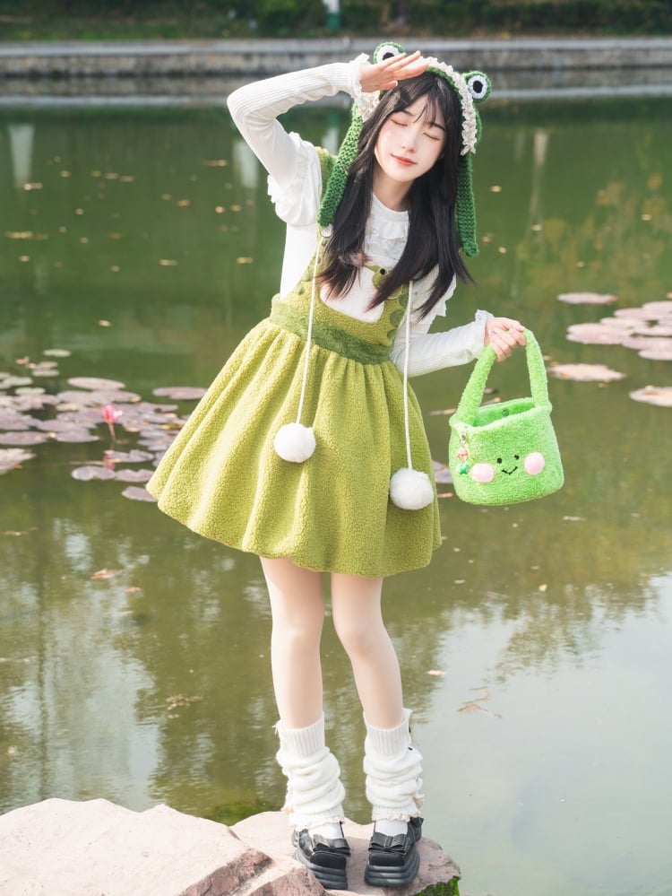 Little Frog Green Bubble Skirt Fleece Winter Overall Dress