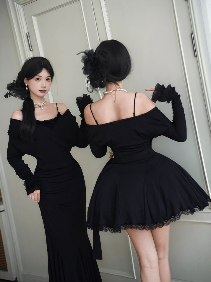 Dress Trims with V-Neck Lace Sleeves Knit Black Deep Short Long