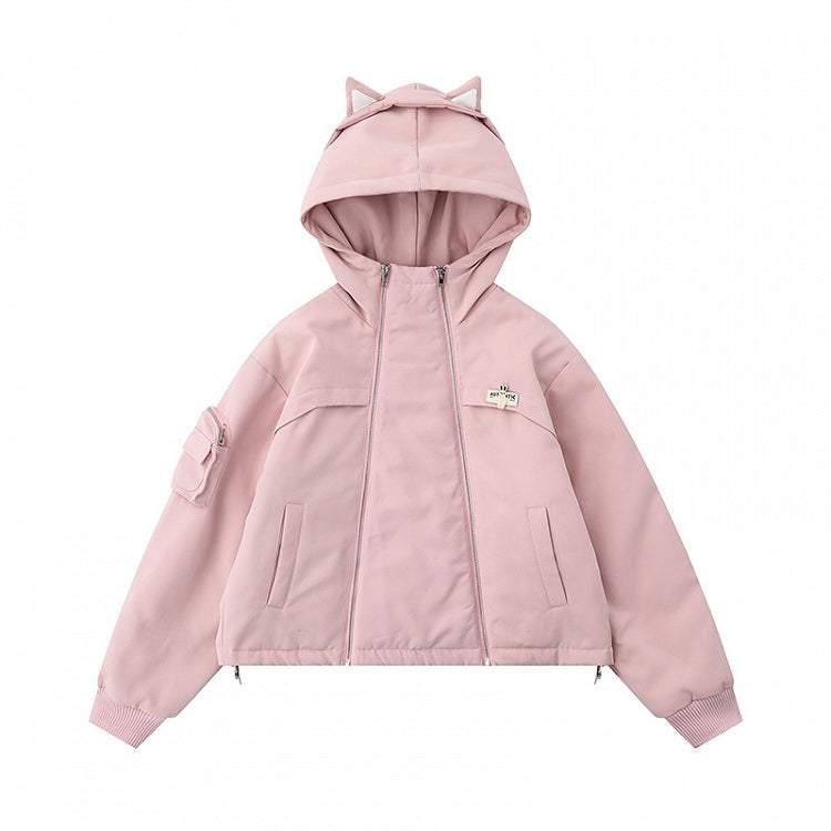 Schwarz/Rosa Reißverschlüsse Katzenohren Kapuze Dicker Reißverschluss Hoodie