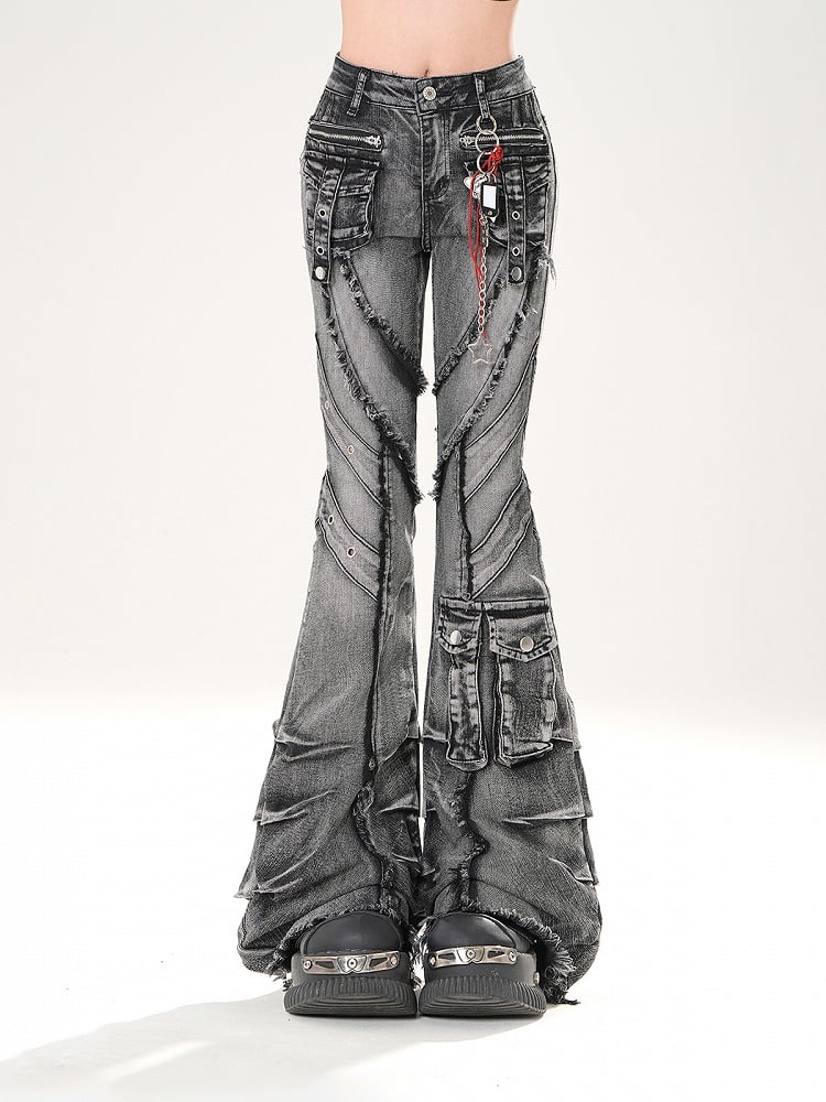 Wash Flared Jeans Cargo Pockets Raw Hem Distressed Faded Black