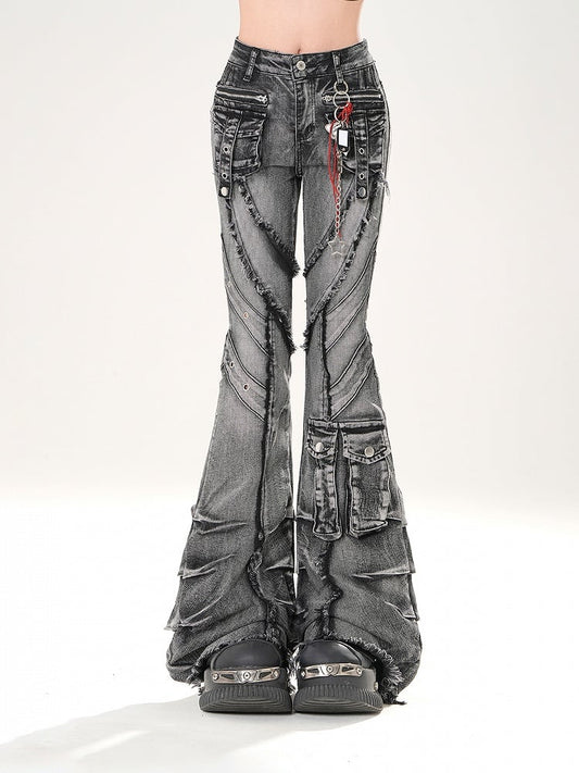 Wash Flared Jeans Cargo Pockets Raw Hem Distressed Faded Black
