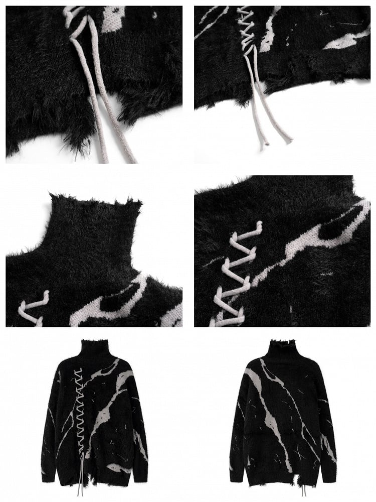 Vintage Dark Aesthetic Turtle Neck Sweater with Lace-Up Design