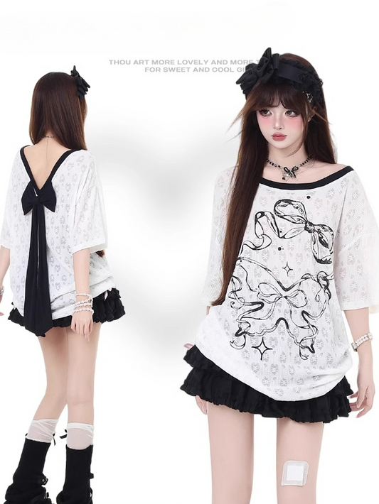 Back Bowknot Print Big Backless T-Shirt Bow White Semi-sheer