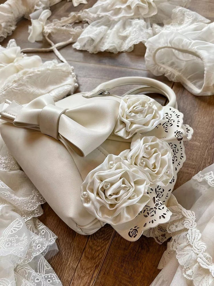 Big Creamy Bowknot Shell White Roses Bag