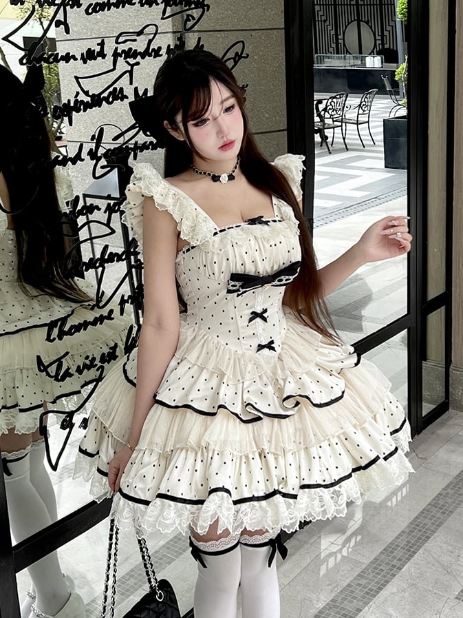 Dress Polka Sweet Tiered Dots Beige Skirt Waist Basque Black