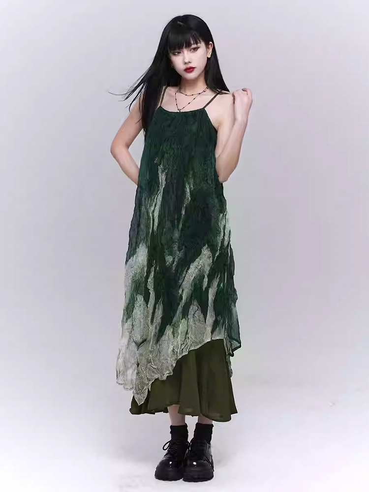Robe à bretelles spaghetti à volants et ourlet asymétrique vert dégradé